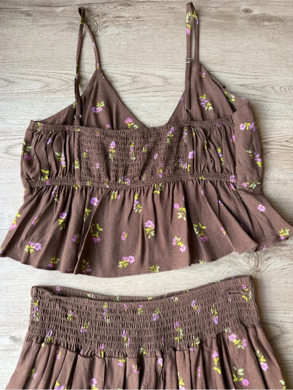 Stitch & Pine Brown Floral 2 Piece Set Smocked Skirt Tank Medium NWT - Picture 6 of 15
